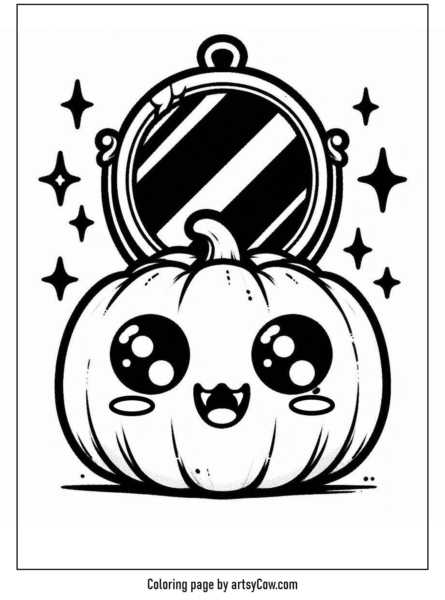 Halloween coloring pages with jack-o-lantern featuring a cute pumpkin in front of a striped mirror with stars twinkling around.
